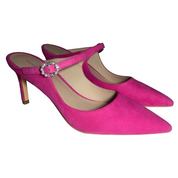 STUART WEITZMAN Women's Fuchsia Hot Pink Suede Heeled Mules Beaded Buckle 6.5 B